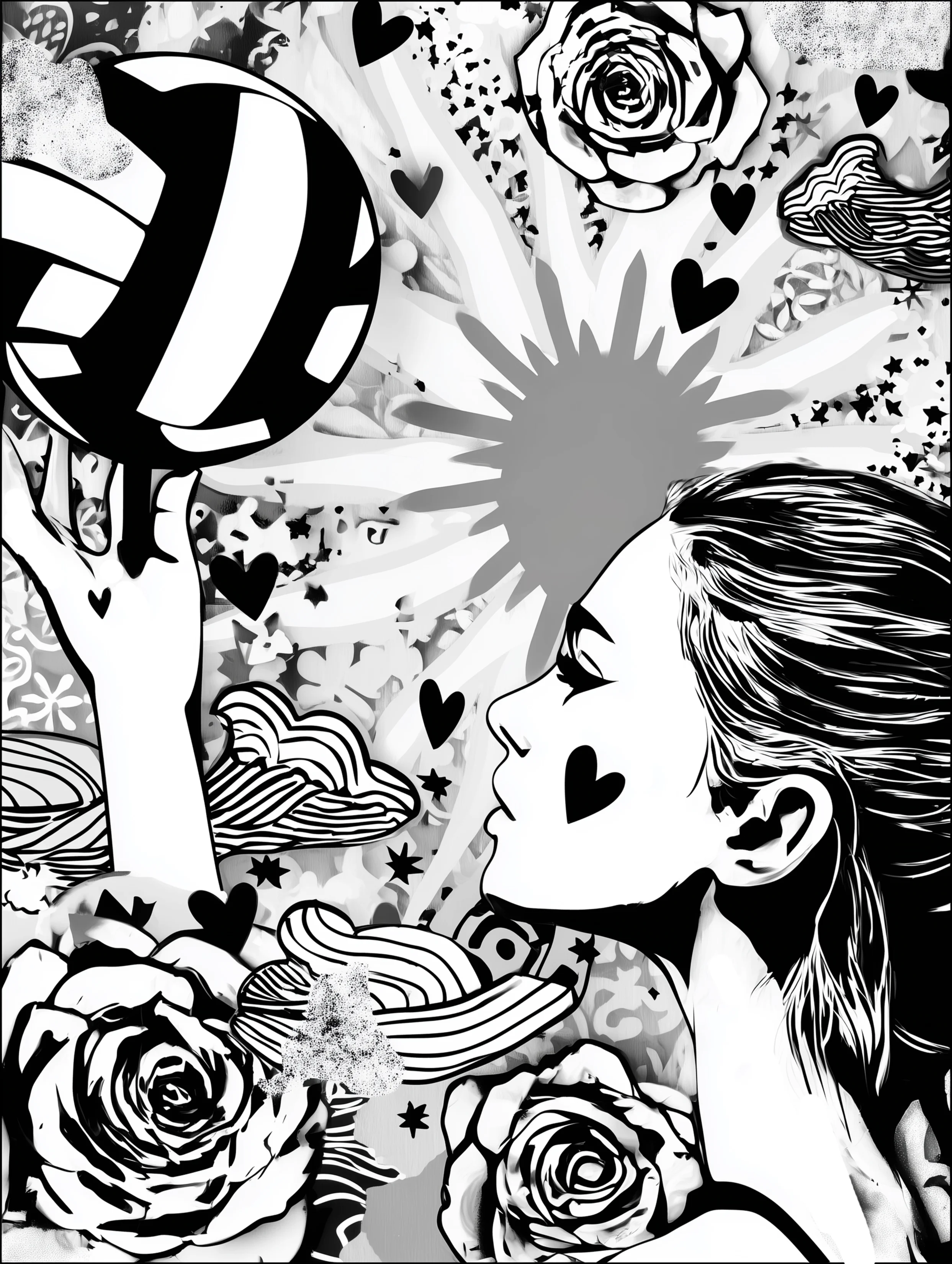 Free printable volleyball coloring page for adults featuring a volleyball balanced on fingers